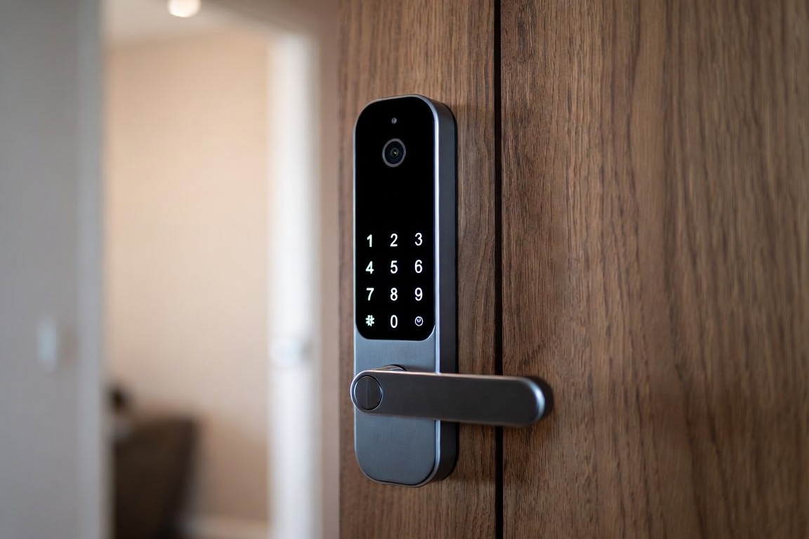 A connected smart lock with keypad on a door